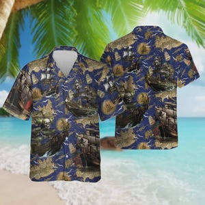 Geist Schiff Hawaii Hemden, Piraten-Totenkopf Sommer Strand Hemden, Piraten-Totenkopf Kurzarm Hemden, Piratenschiff Karte Hawaii-Hemd