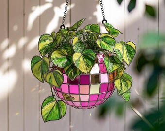 Disco Ball Plant Hanger Acrylic | Funky Window Hanging Planter Decor | Boho Home Gift with Green Vine | Retro Sun Catcher Art