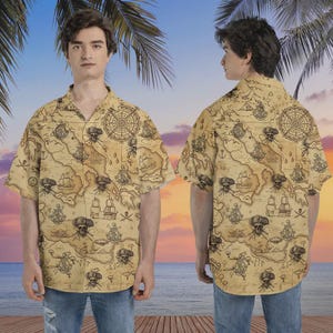 Schatzkarte Hawaii Hemden, Piraten-Totenkopf Sommer Strand Hemden, Vintage Sommer Aloha Hemden, Piraten-Totenkopf Kurzarm Hawaii Hemden
