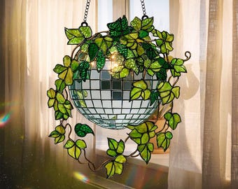 Hanging Disco Ball Ivy Planter Suncatcher | Acrylic Window Decor | Boho Funky Plant Art | Unique Gift for Plant Lover or Party Home