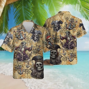 Piraten Skelette Hawaii Hemden, Piraten Geister Schiff Sommer Strand Hemden, Vintage Aloha Hemden, Piraten Schädel Kurzarm Hemden mit Knöpfen
