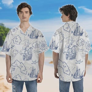 Chemises hawaïennes de bateau de mer pour hommes et femmes, chemises boutonnées Aloha vintage des années 90, chemises imprimées carte bleu océan, vêtements de famille assortis