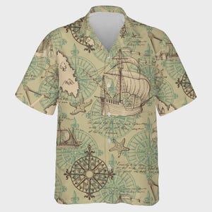 Nautische Reise Hawaiihemd, Vintage 90er Jahre Unisex Aloha Button Down Hemd, Seestern Gedrucktes Hemd, Retro Kleidung, Maritimes Karten Gedrucktes Hemd