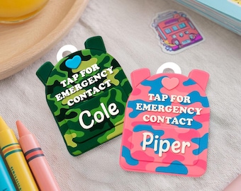 Personalisierter Tarnrucksack Notfallkontakt Schlüsselanhänger - Personalisierter Militärstil-Namensschild für Jungen und Mädchen, NFC-Tas für Sicherheitsinformationen