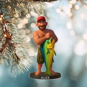 Spersonalizowana ozdoba rybacka w stylu kreskówki, akrylowy prezent dla mężczyzn z motywem rybaka, wyjątkowa pamiątka świąteczna z motywem ryby i imieniem