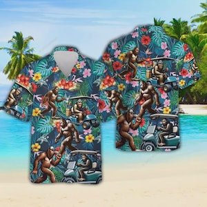 Bigfoot Playing Golf Hawaiian Shirts, Bigfoot Tropcial Floral Mens Casual Summer Beach Shirt, Bigfoot Button Down Shirt Short Sleeve