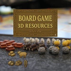 Op de afbeelding: Een verzameling 3D-spelbronnen, waaronder schapen, boomstammen, tarwe en stenen. De afbeelding toont een gouden bord met de tekst "BOARD GAME 3D RESOURCES". De stukken zijn gerangschikt op een grijze ondergrond.
