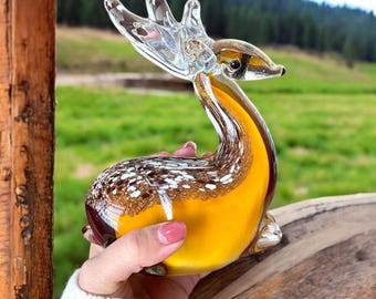 Handmade Glass Sika Deer Figurine: Blown Glass Animal Ornament