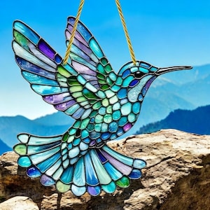 Ice Blue Hummingbird Sun Catcher ,Stained Glass Look Acrylic, All-Season Window & Wall Decor, Unique Gift Idea,Gift For, Her Bird Lover Gift