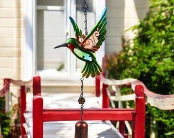 Hummingbird Wind Chime: Metal & Glass, Painted Hanging Pendant