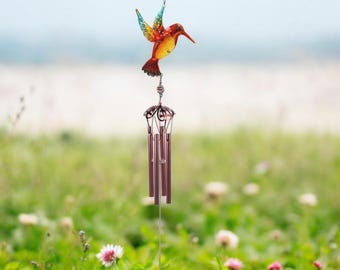 Hummingbird Wind Chime, Painted Metal & Glass, Garden Decor