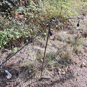 May include: A string of outdoor lights with black wire and clear bulbs is strung between two metal stakes. The lights are in a grassy area with brown leaves and green grass.