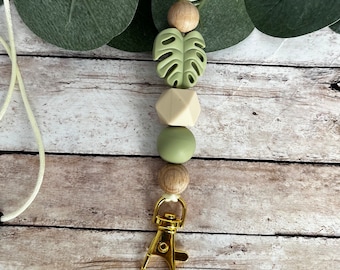 Monstera Leaf Breakaway Lanyard Light Green Teacher Lanyard Cruise Lanyard Silicone Beads Wood Beads