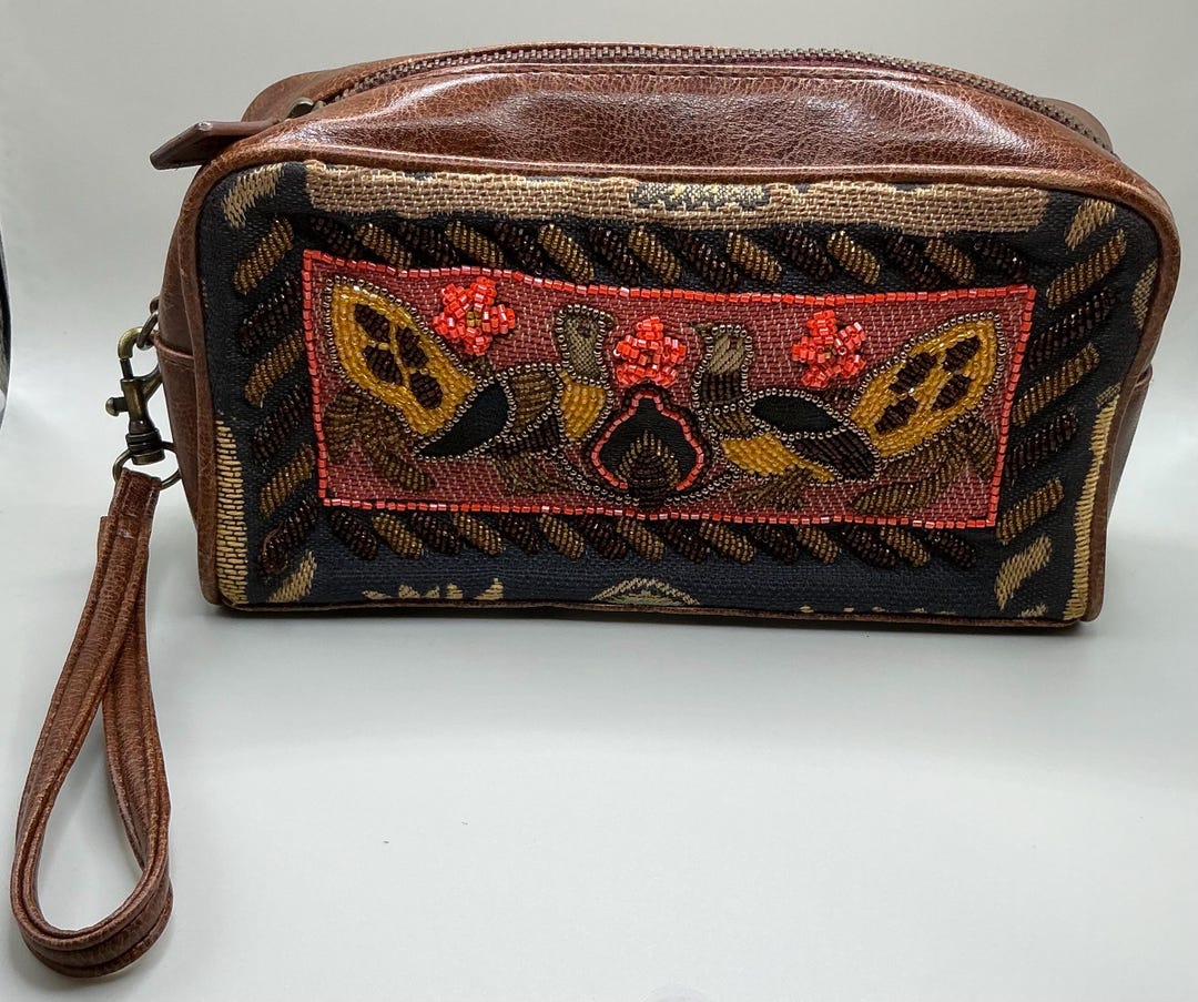A Rare Vintage Isabella Fiore Beaded Birds Print Leather Wristlet