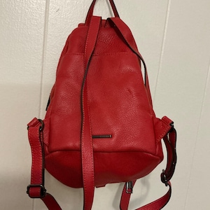 May include: A bright red backpack with a textured, pebbled leather-like finish. The bag features a top handle, adjustable shoulder straps with dark metal hardware, and a small rectangular metal plate centered on the front exterior pocket.