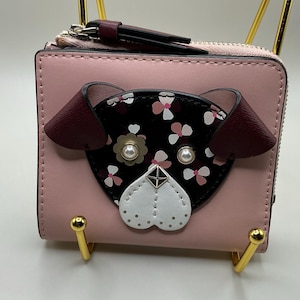 Rare Kate Spade New York Pink Leather Cherrywood L-Zip Bifold Floral Pup wallet