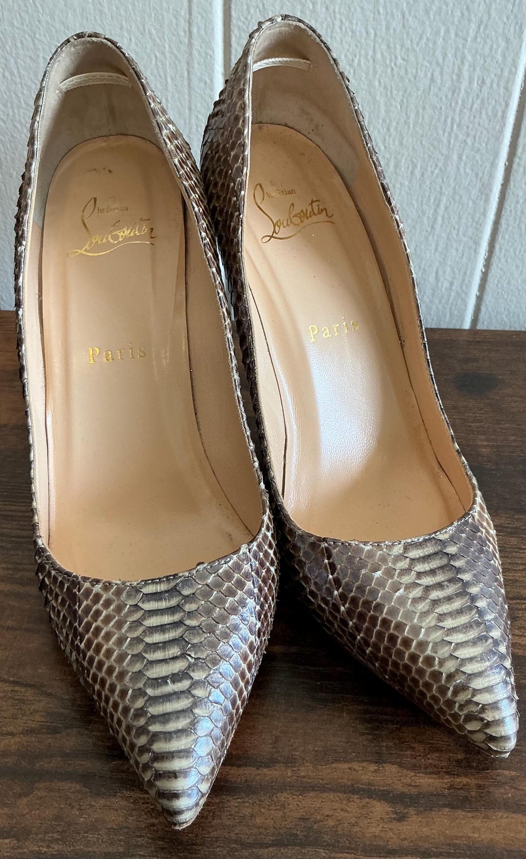 Rare Christian Louboutin Two Tone Python Leather Pointed Toe Pumps