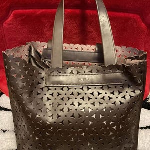 Vintage Classic Brown Leather Perforated Furla Shoulder Handbag