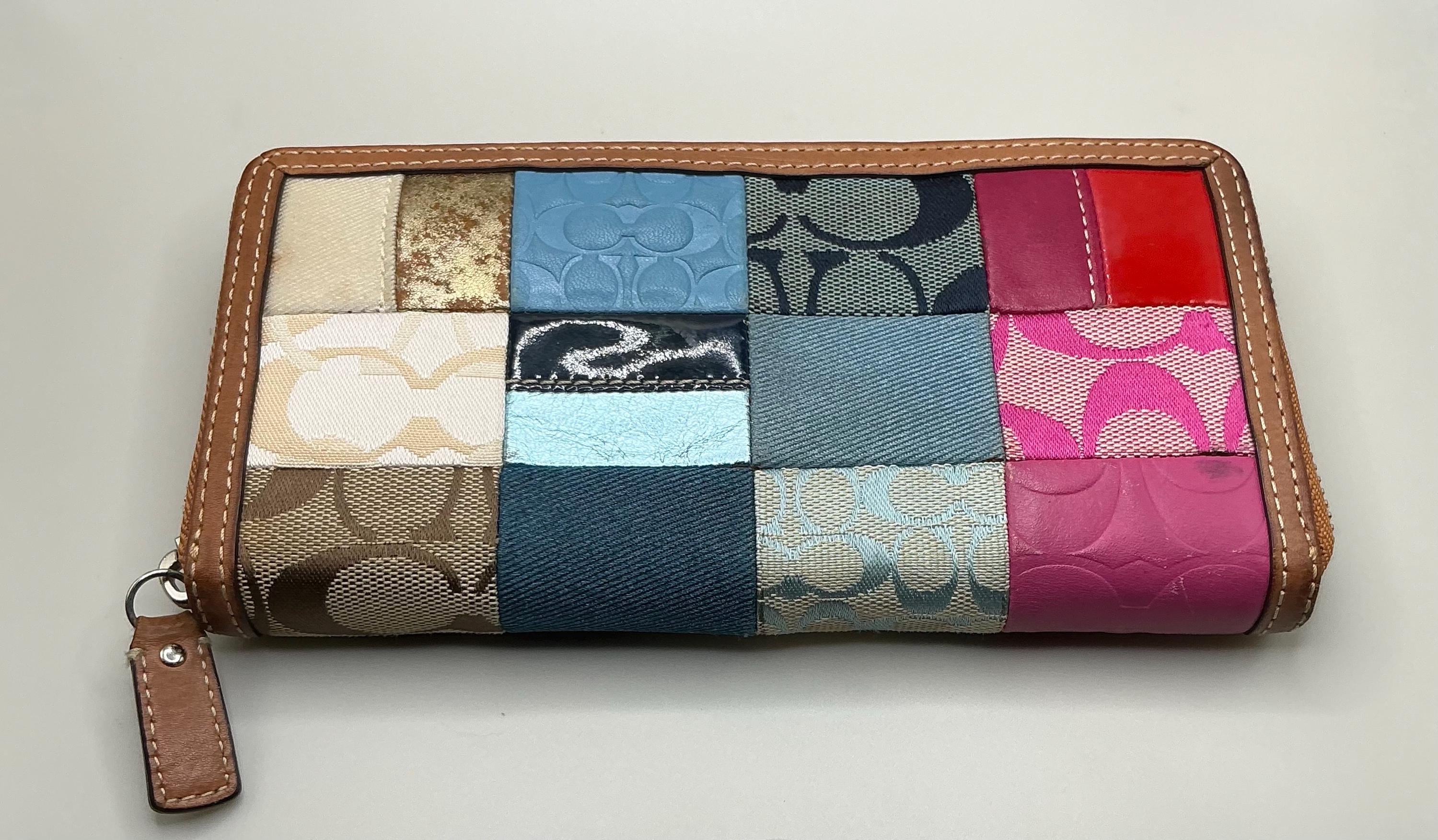 Coach Patchwork Wristlet Brown Suede Leather Canvas Zipper