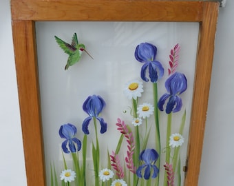 Painted Iris Window, Old Window Art, Painted Flower Window, Hummingbird Art