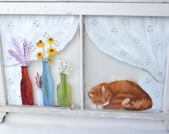 Painted Cat Window, Old Painted Window, Sleeping Cat in a Window, Vintage Window Art