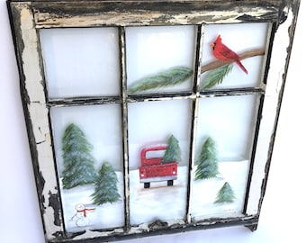 Red Truck Painted Window, Winter Scene Window, Red Truck Decor, Old Painted Window