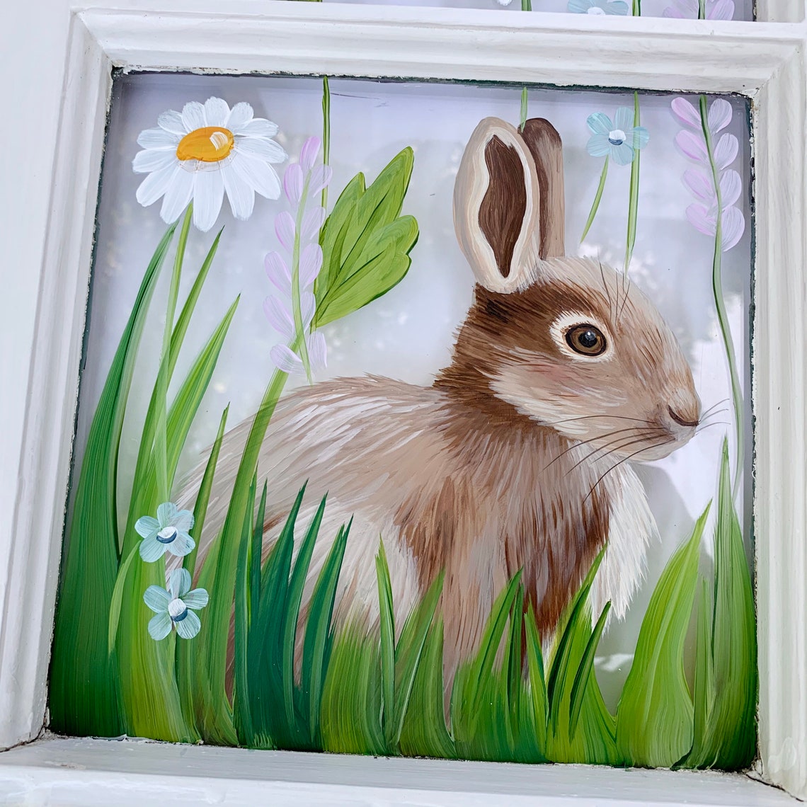 Painted Bunny Window With Red Poppies, Bunny Window Art, Garden Art ...