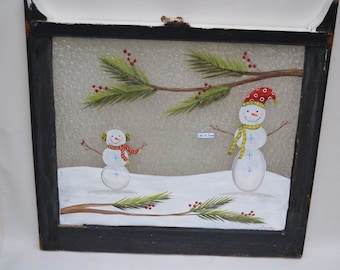Snowman Window, Old Painted Window, Snowman Art, Christmas Window, Farmhouse Christmas