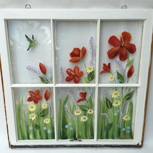 Painted Windows, Red Hibiscus Painted Window, Hummingbird Art, Old Window Decor, Farmhouse Living, Painted Flowers Window