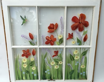 Painted Windows, Red Hibiscus Painted Window, Hummingbird Art, Old Window Decor, Farmhouse Living, Painted Flowers Window