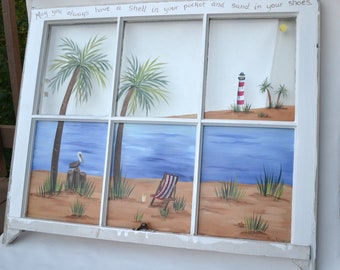 Painted Beach Window, Beach Scene Window, Old Window Art, Ocean View Art