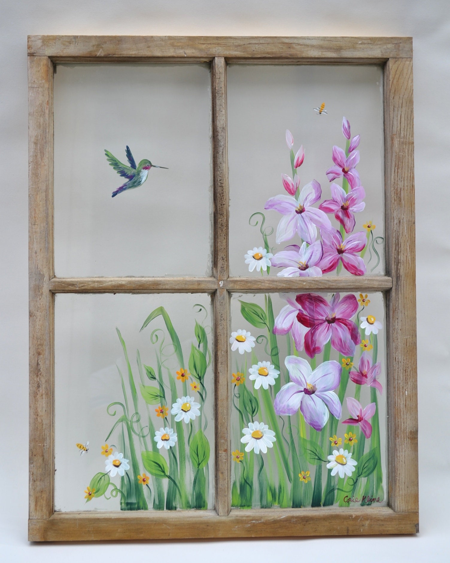 Painted Gladiolus Flower Window, Hummingbird With Daisies Window, Flower  Window, Old Window Art 