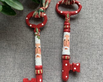 Santa Key, Santa Ornament, Old Skeleton Key Ornament, Painted Santa Key