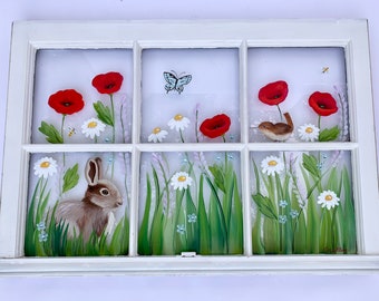 Painted Bunny Window with Red Poppies, Bunny Window Art, Garden Art, Wildflower Window