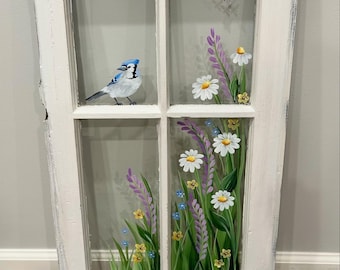 Painted Window with Bluejay and Daisies Flower