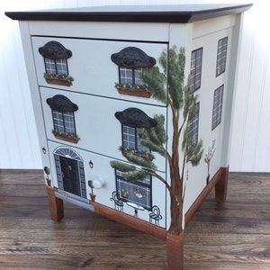 Painted Townhouse Nightstand, Painted Furniture, Painted Brownstone Nightstand, Painted End Table, Cityscape Decor, Apartment Furniture image 1