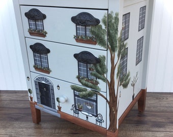 Painted Townhouse Nightstand, Painted Furniture, Painted Brownstone Nightstand, Painted End Table, Cityscape Decor, Apartment Furniture