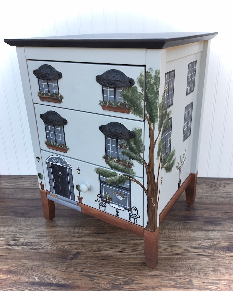 Painted Townhouse Nightstand, Painted Furniture, Painted Brownstone Nightstand, Painted End Table, Cityscape Decor, Apartment Furniture image 1