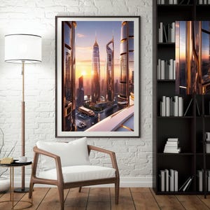 Peut inclure: Une photographie encadrée d'un horizon urbain au coucher du soleil. Les bâtiments sont hauts et modernes, avec des façades en verre qui reflètent la lumière dorée du soleil couchant. La photo est prise d'un point de vue élevé, regardant la ville.