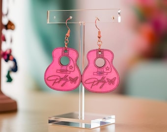 Dolly Parton Gitaar Oorbellen Lasergesneden Hout Roze Vlinder Zangeres Cowgirl Hangende Oorbellen