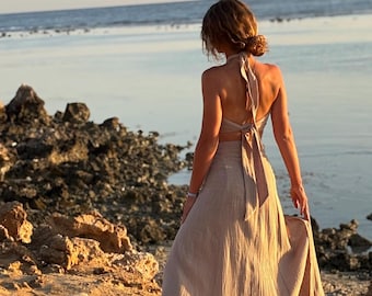 Beigefarbener Leinen Zweiteiler - Musselin Wickelrock Maxirock & Bindeband, Boho Strand Urlaub Outfit, handgefertigter Baumwoll Co-ord, Hochzeitskleid