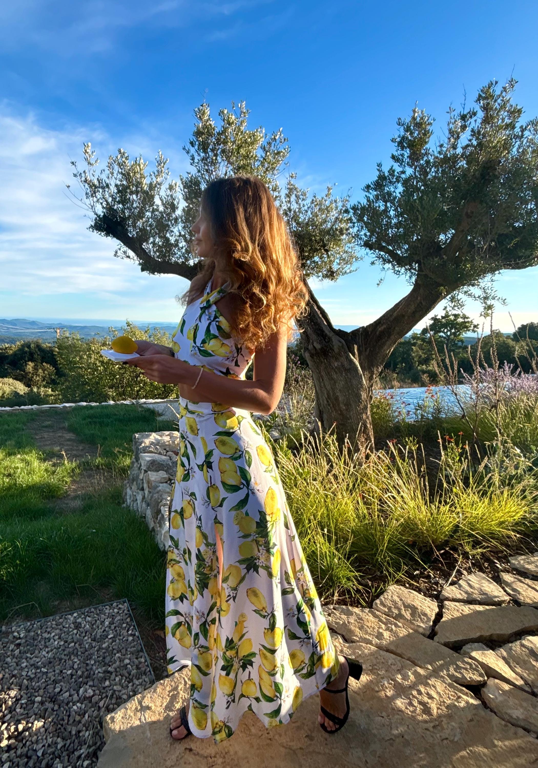 Lemon Print Two Piece Set, Silk Satin Wrap Skirt and Crop Top