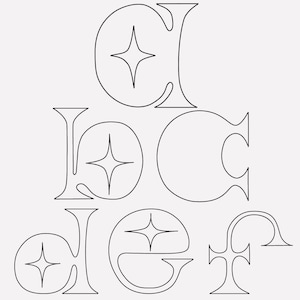May include: A black and white line art alphabet with a starburst design in each letter. The letters are stylized and have a vintage feel.