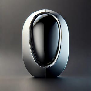 May include: A silver and black futuristic-looking object with a smooth, rounded shape. The object has a large, black, oval-shaped opening in the front.