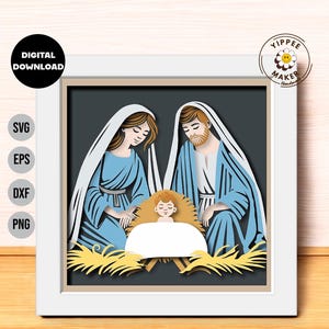 Può includere: Una scena della Natività in carta tagliata che rappresenta Maria, Giuseppe e il bambino Gesù in una mangiatoia. Le figure sono ritagliate e sovrapposte per creare un effetto 3D. La scena si svolge su uno sfondo blu scuro con un alone dorato intorno al bambino Gesù.