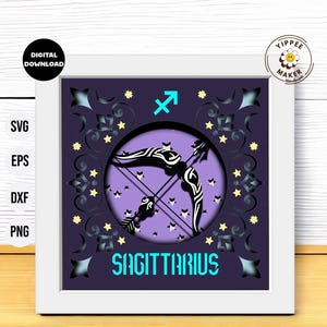 Caixa de sombra do signo do zodíaco Sagitário 3D - Signos astrológicos 3D SVG Caixa de sombra multicamadas modelo de horóscopo astrológico para Cricut Silhouette