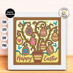 Oeuf de Pâques 3D arbre Shadow Box - Joyeuses Pâques SVG Pâques arbre Shadowbox religieux Shadow Box fichiers pour Cricut avec instructions découpées au laser