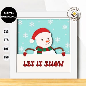 Pode incluir: Um design digital de artesanato em papel com um boneco de neve com um chapéu e uma echarpe vermelhos segurando um cartaz que diz "Let it Snow". O fundo é azul claro com flocos de neve.