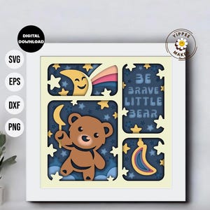 Caixa de sombra de urso 3D - Caixa de sombra de berçário Arte em papel em camadas seja corajoso Arquivos SVG para Cricut com instruções corte a laser