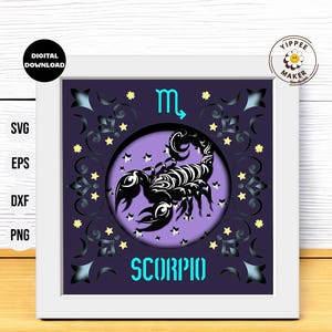Caja de sombras con el signo del zodíaco Escorpio en 3D: plantilla de horóscopo astrológico multicapa con caja de sombras SVG en 3D de signos astrológicos para Cricut Silhouette